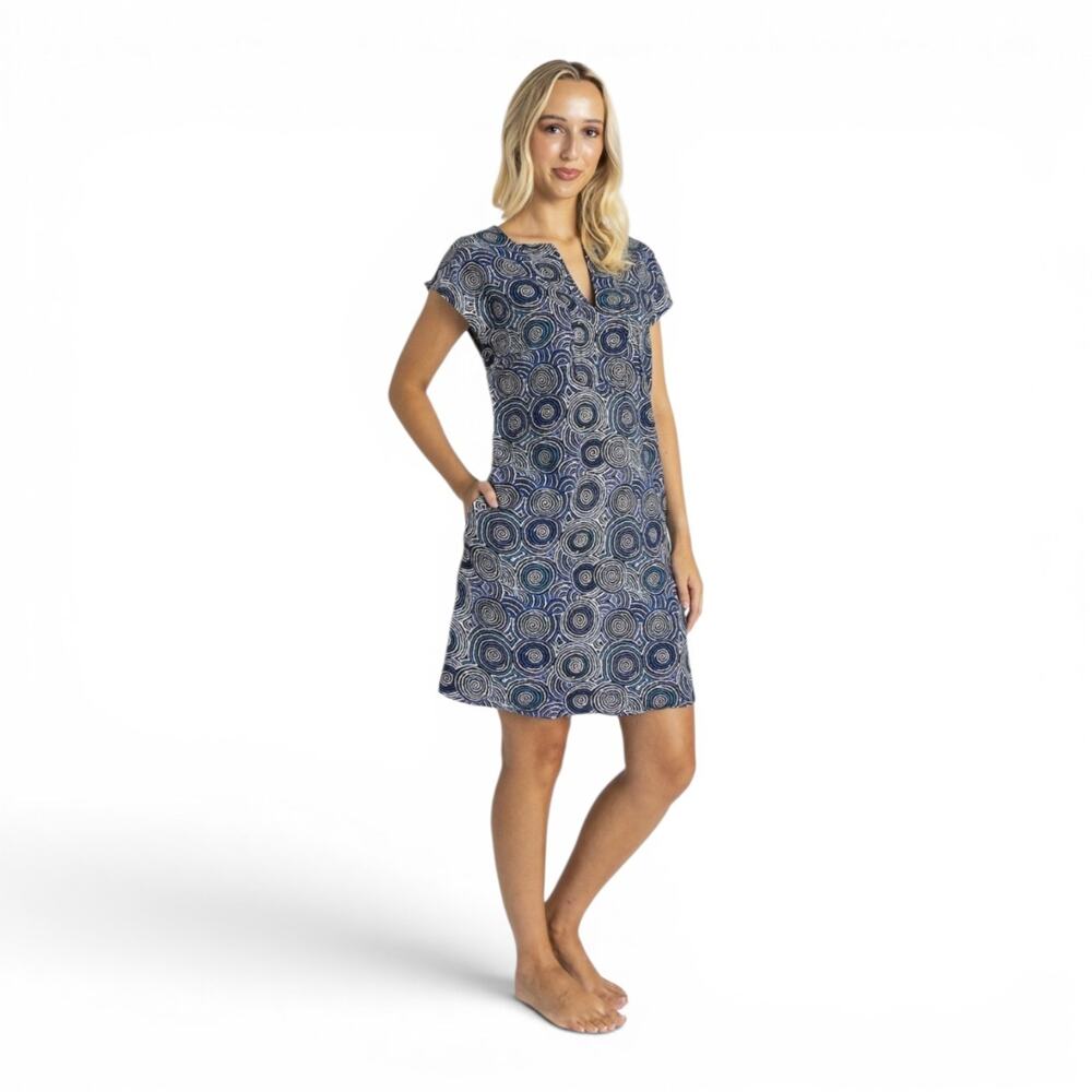 Kingston Grange Bamboo Blue Mina Mina Aboriginal Pattern Shift Dress, Women's 12